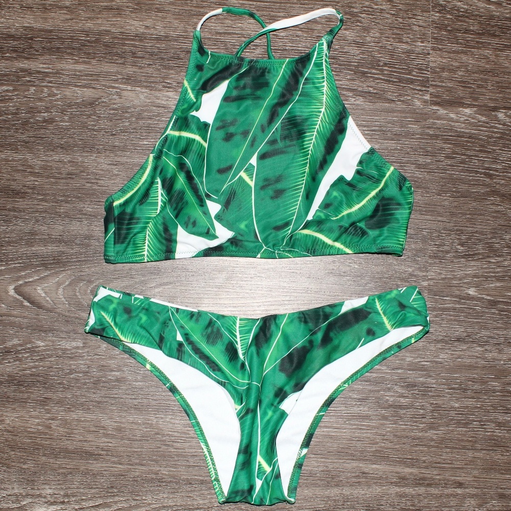 Zaful Swim Palm Leaf Halter Bikini Set Size M